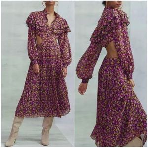 Ronny Kobo Ruffle Design Cut-Out Backless Floral Puff Sleeve Maxi Dress Pink